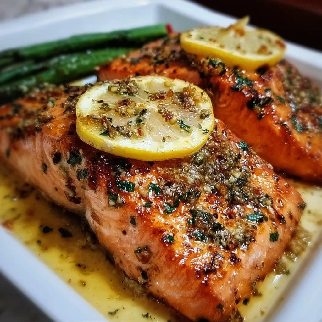 Garlic Butter Lemon Salmon fillet garnished with fresh herbs and lemon wedges