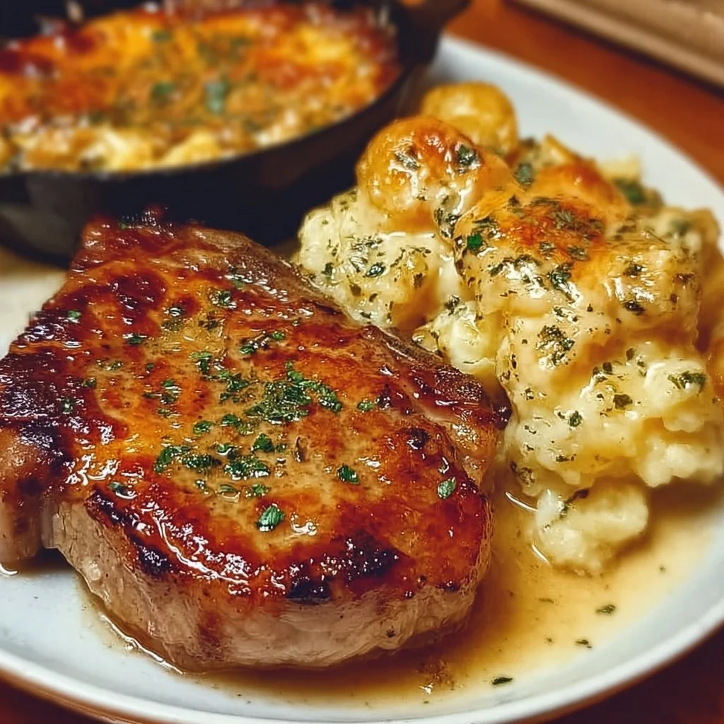 Garlic butter pork chops served with cheesy potato bake on a plate