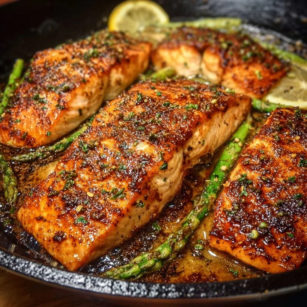 Garlic Butter Salmon with Lemon Asparagus Skillet in a cast iron pan