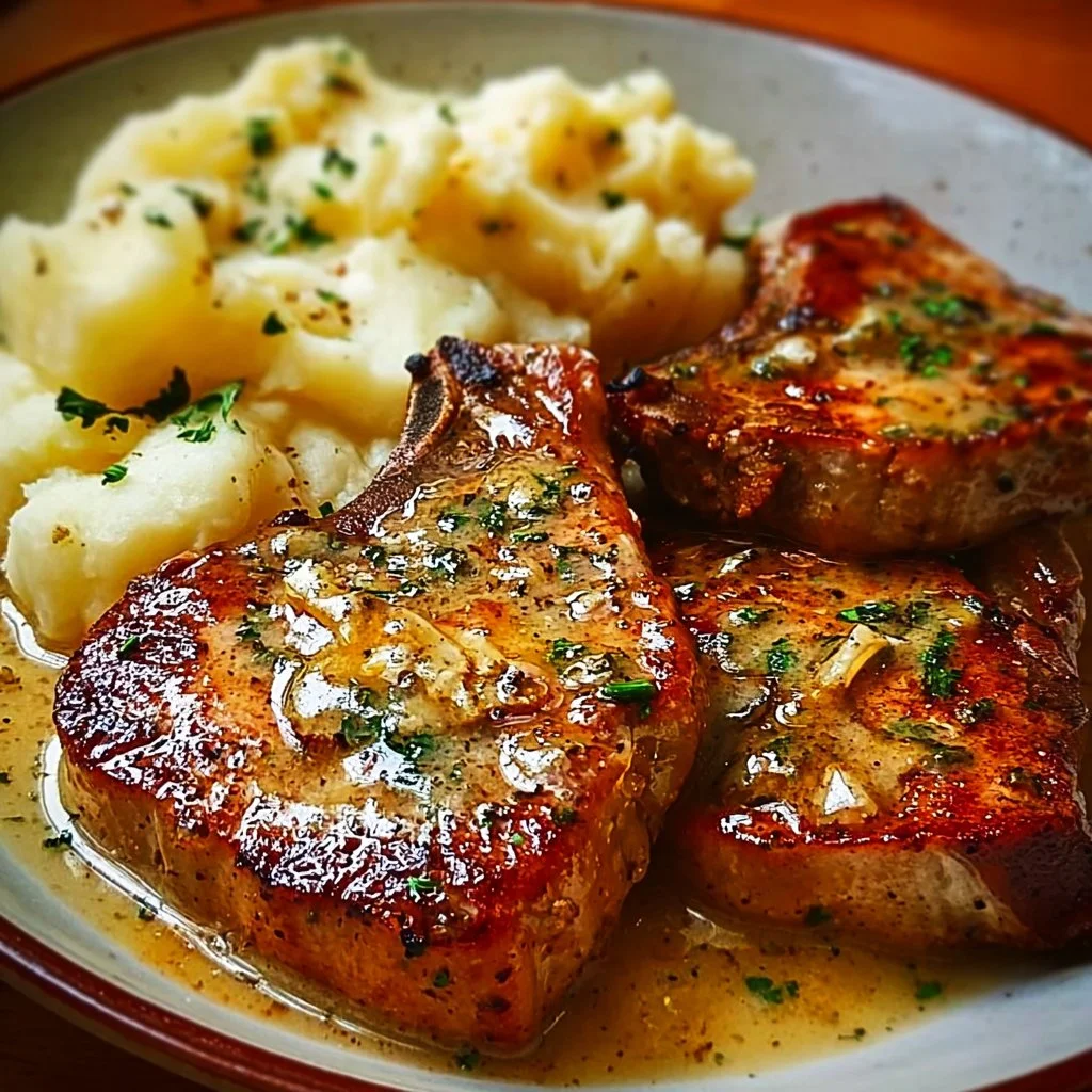 Plate of garlic butter pork chops with creamy mashed potatoes