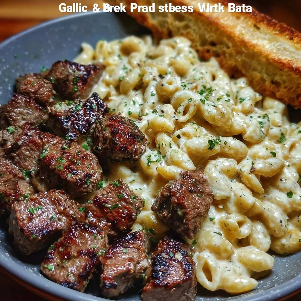 Garlic butter steak bites served with creamy Alfredo pasta