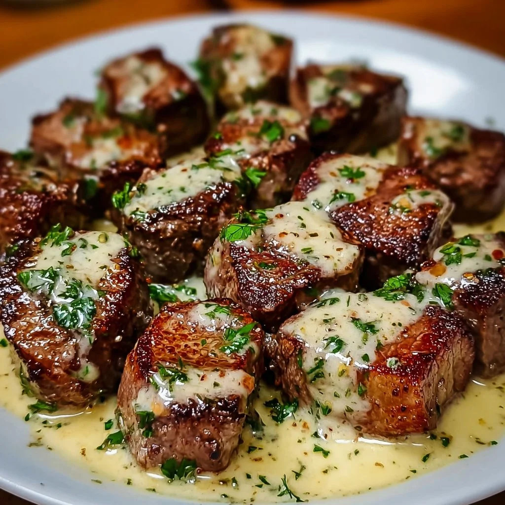 Garlic Butter Steak Bites served with creamy Parmesan sauce in a skillet