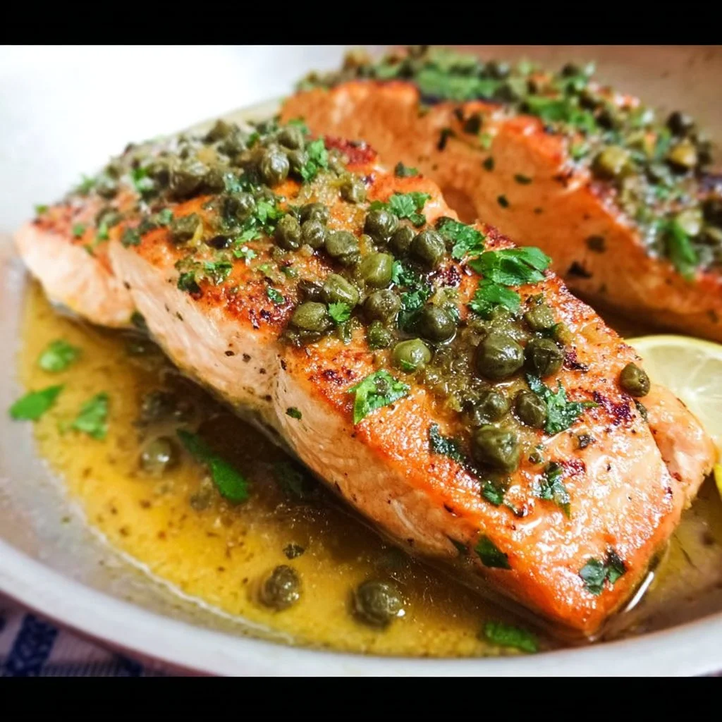 Delicious garlic caper baked salmon served on a plate with lemon slices
