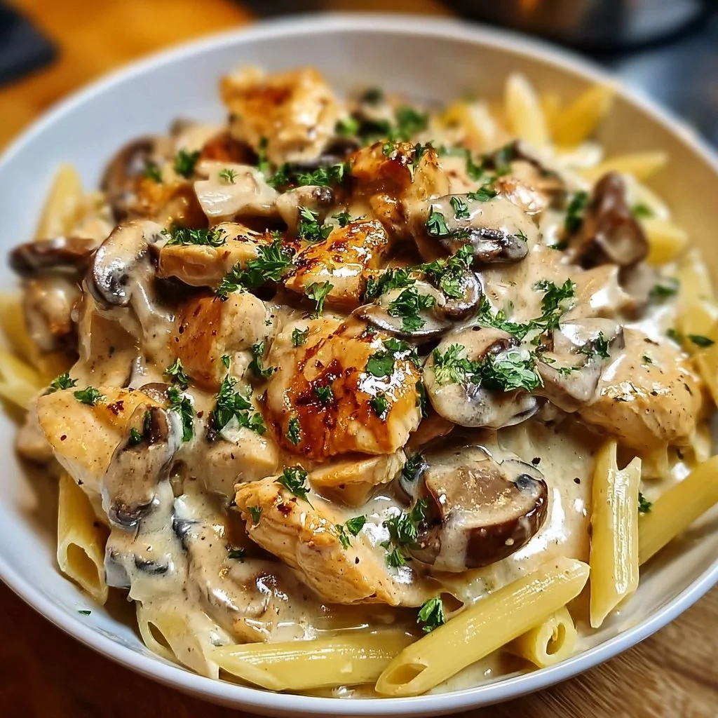Garlic Chicken & Mushrooms in a creamy pasta sauce served in a bowl