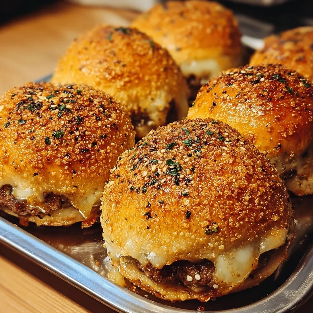 Delicious Garlic Parmesan Cheeseburger Bombs ready to be enjoyed.