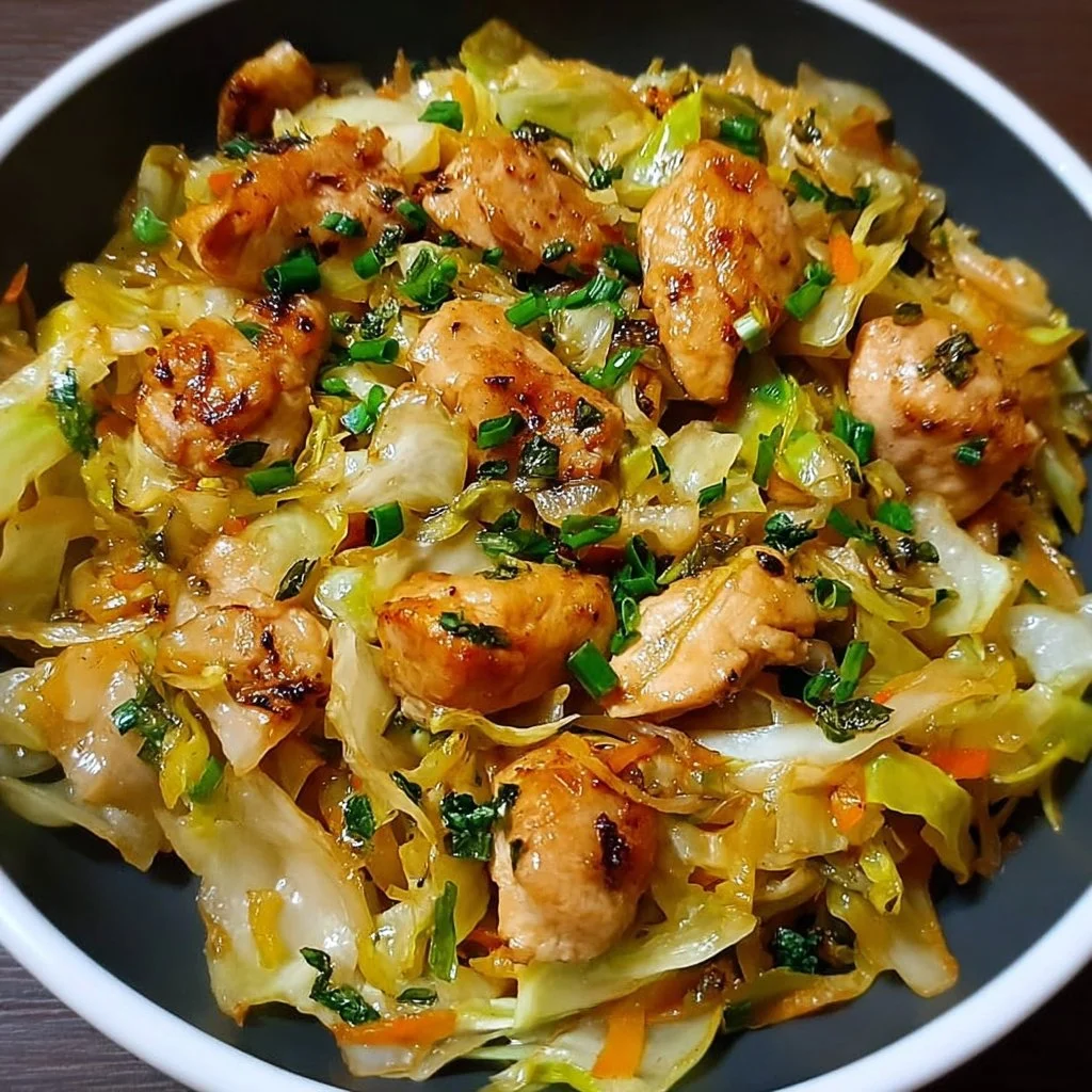 Plate of Garlic-Sautéed Cabbage with Chicken