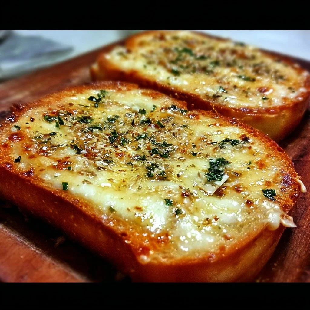 Golden Garlic Toast Pizzas topped with cheese and herbs on a wooden serving board.