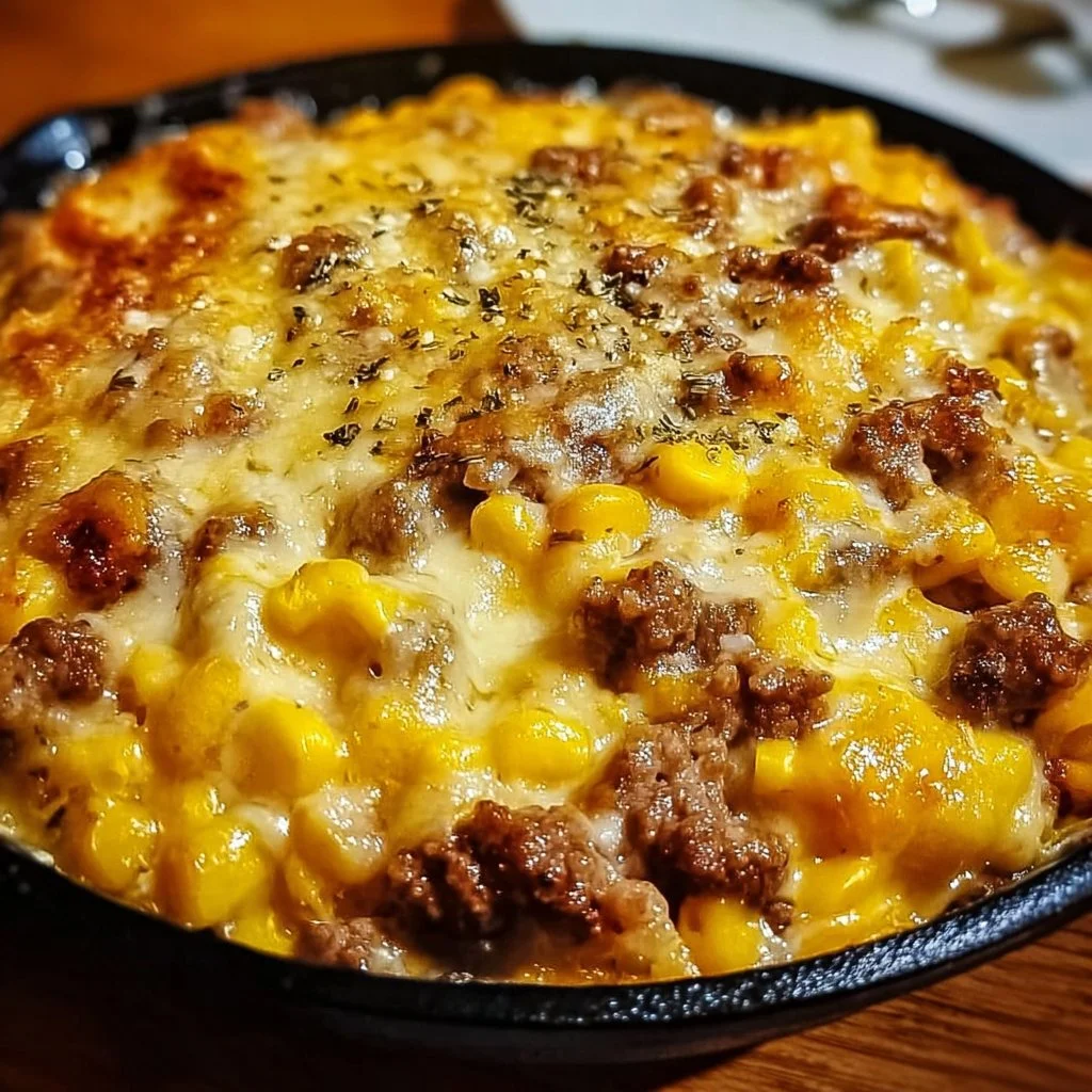 Golden Corn Ranch beef skillet topped with melted cheddar cheese