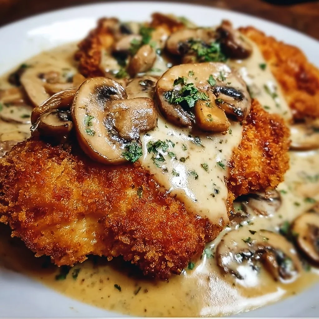 Golden crispy chicken drizzled with creamy Parmesan mushroom sauce