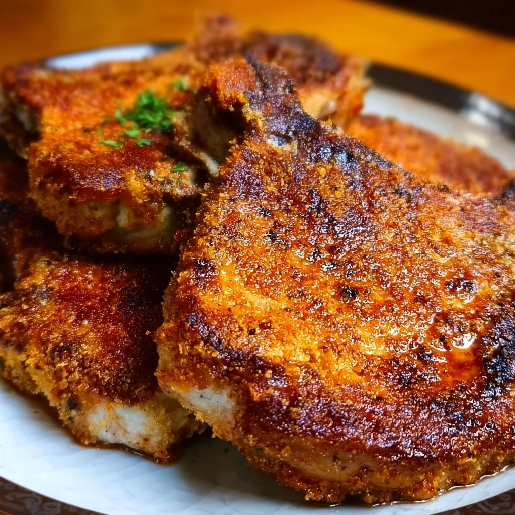 Golden crispy pork chops served on a plate with garnishes