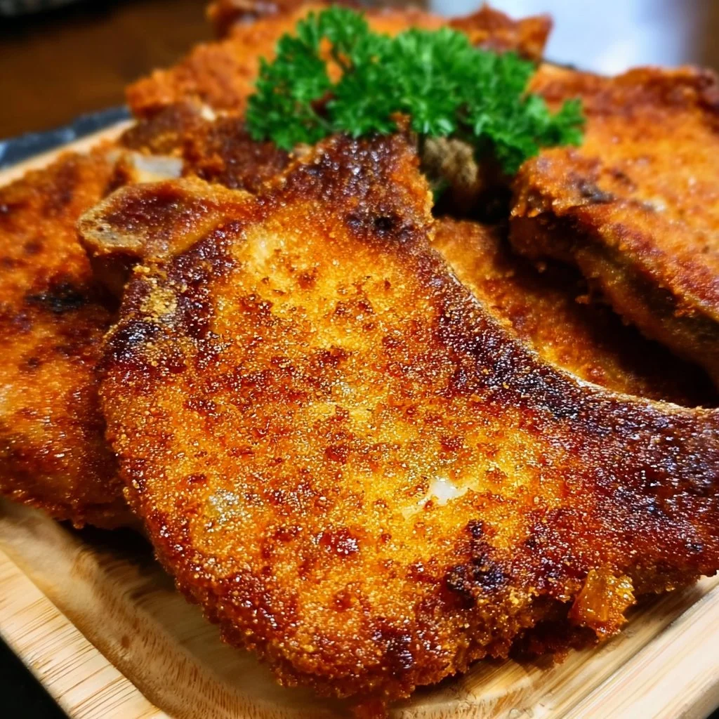 Delicious golden crispy pork chops on a plate