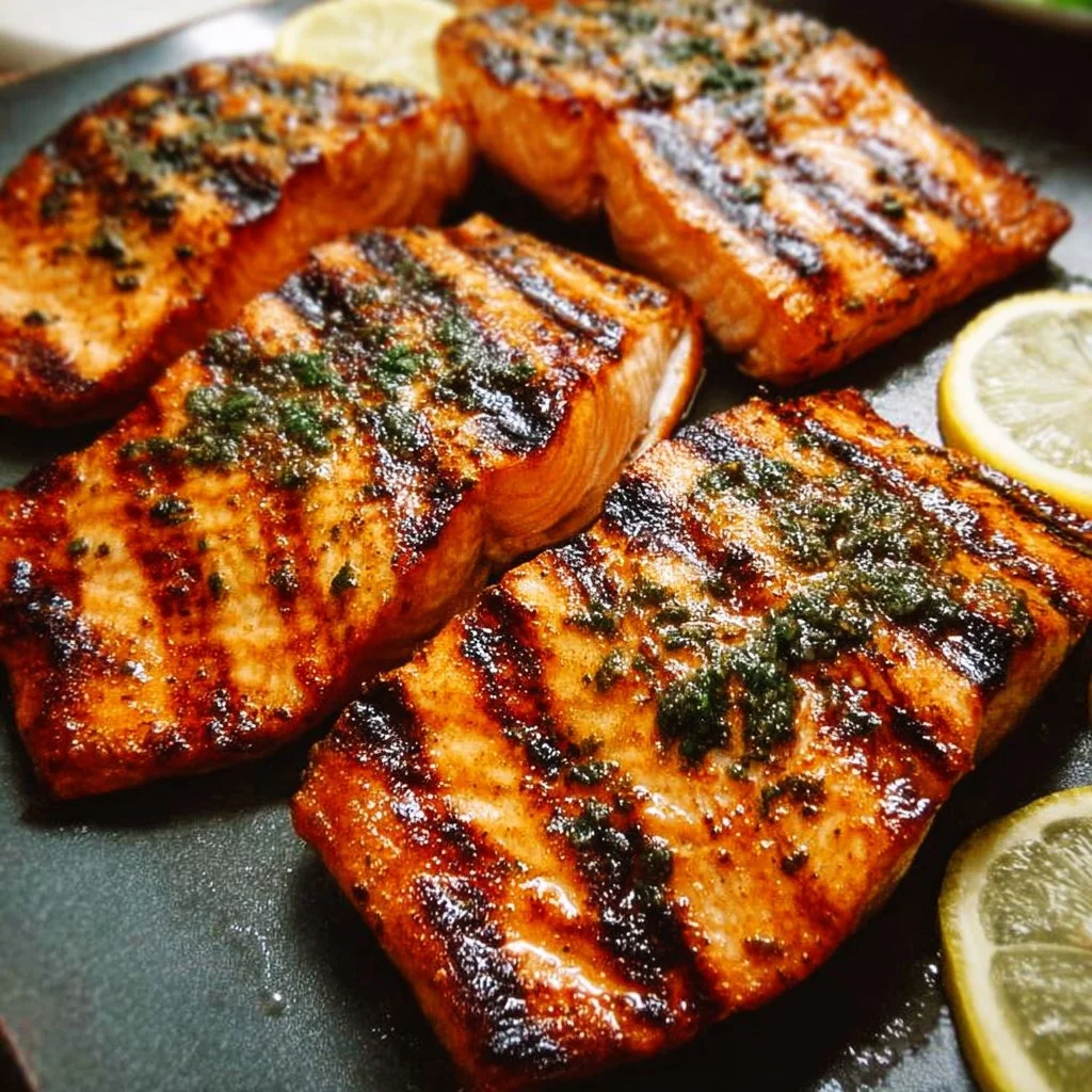 Delicious grilled salmon fillet garnished with herbs and lemon slices on a plate