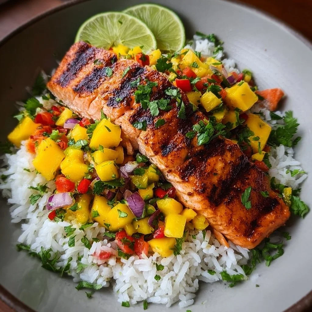Grilled salmon with mango salsa and coconut rice on a plate