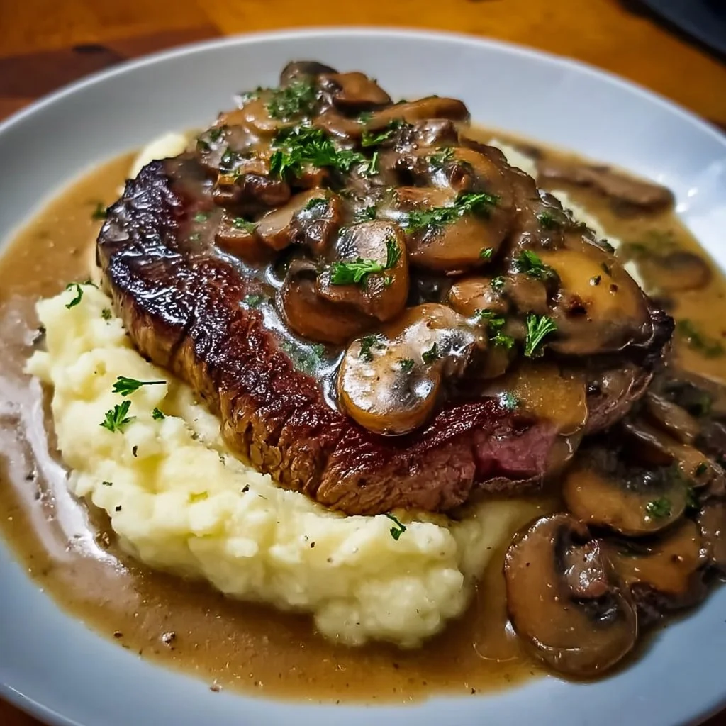 Grilled steak with mushroom sauce and mashed potatoes served on a plate