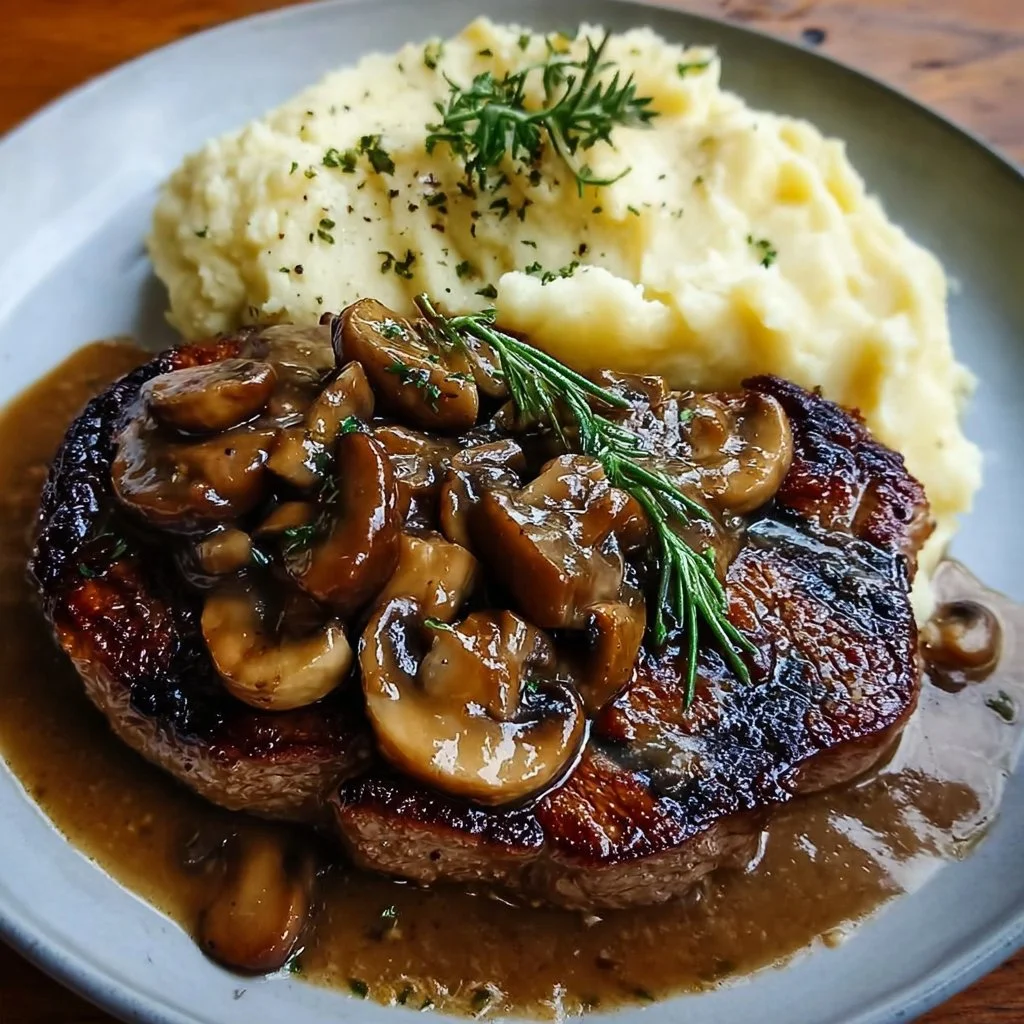 Juicy grilled steak with savory mushroom sauce and smooth mashed potatoes on a plate.