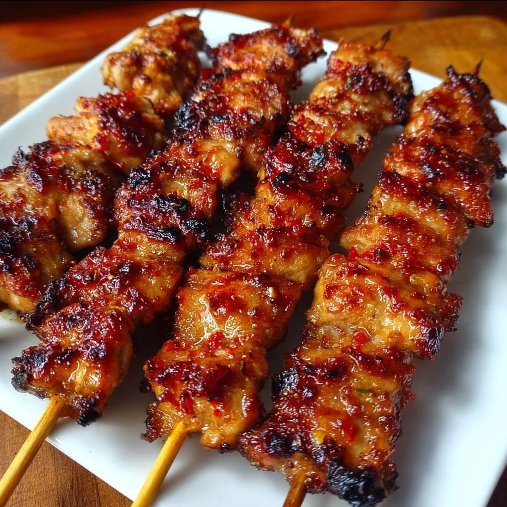 Delicious grilled Thai coconut chicken skewers served on a plate