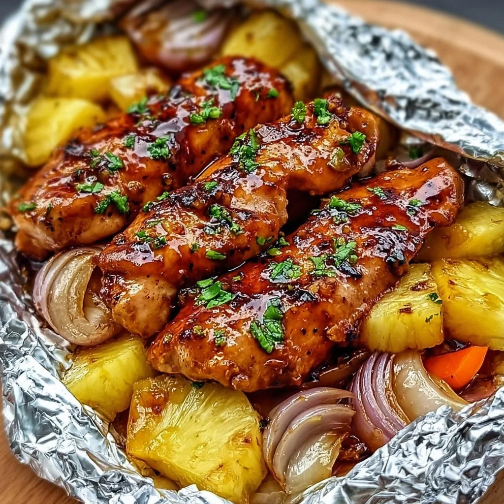 Hawaiian BBQ chicken and pineapple foil packets ready for grilling