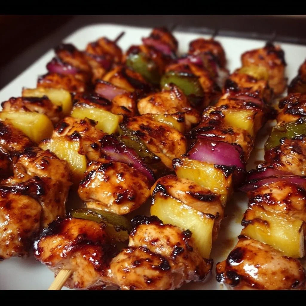 Grilled Hawaiian Chicken Kebabs with colorful vegetables on skewers