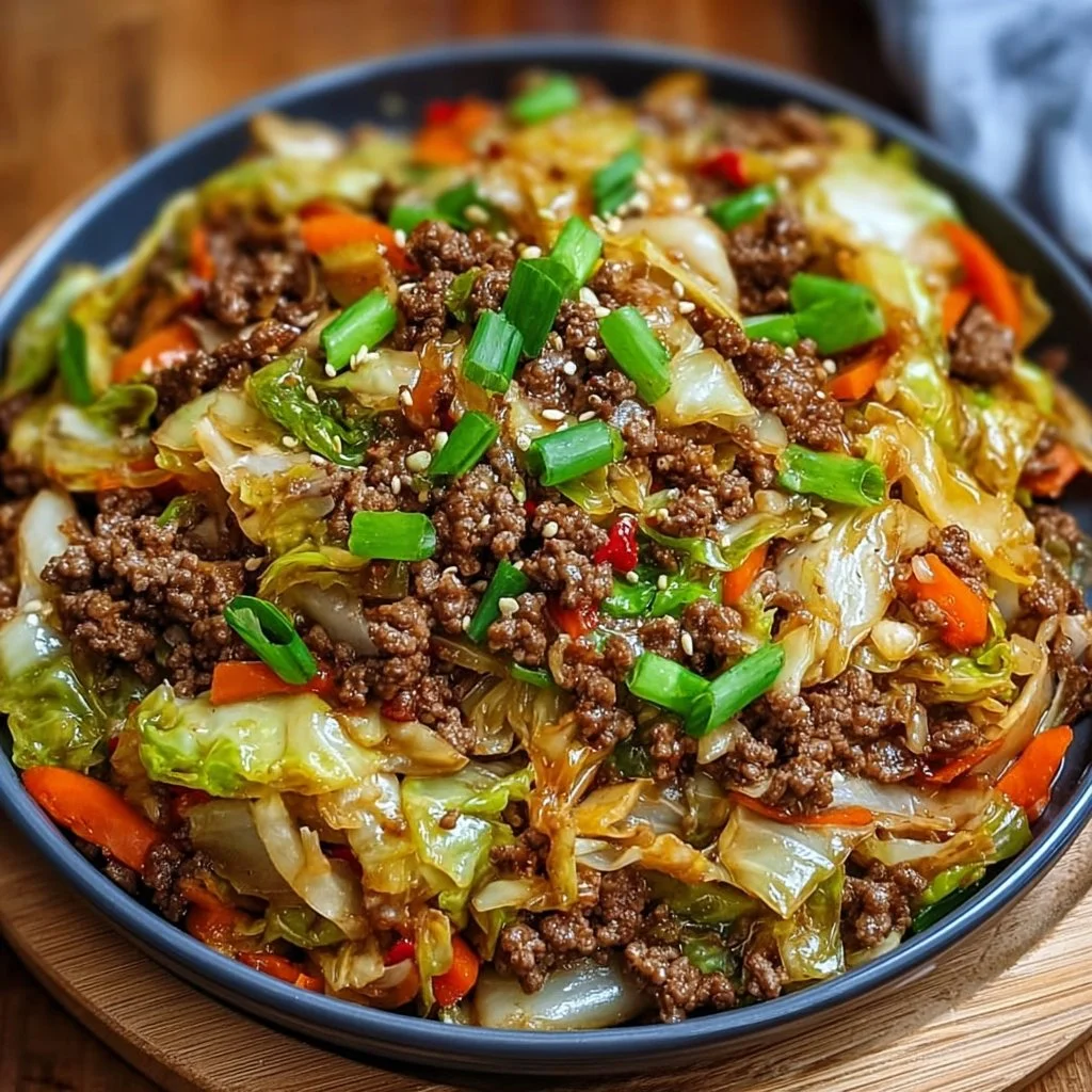 Healthy Chinese ground beef stir fry with cabbage in a skillet