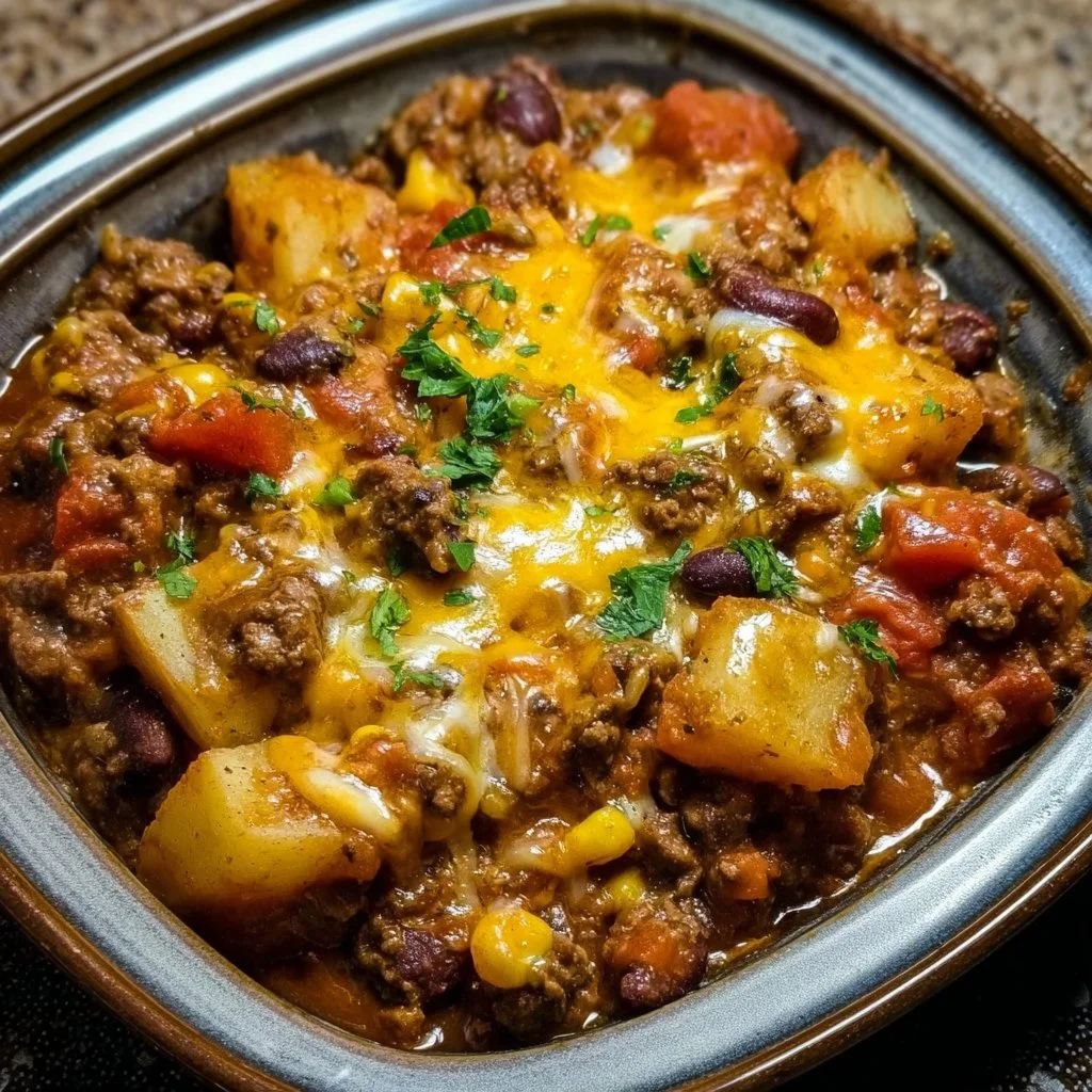 Slow Cooker Cowboy Casserole topped with cheese and jalapenos, served in a rustic bowl.