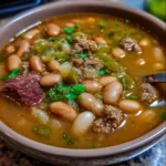 Bowl of hearty pinto bean soup with green chile and beef, garnished with cilantro.