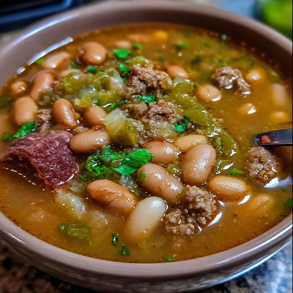 Bowl of hearty pinto bean soup with green chile and beef, garnished with cilantro.