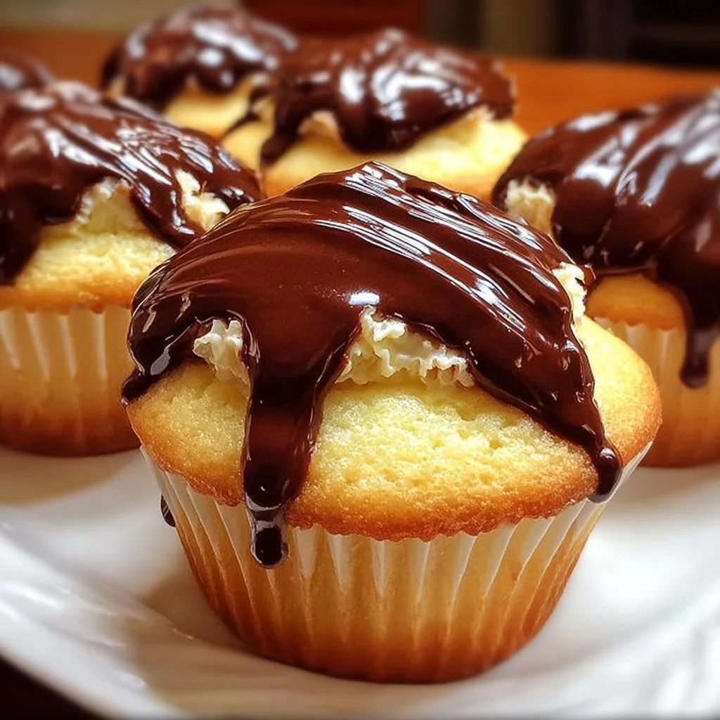 Heavenly Boston Cream Cupcakes with rich cream filling and chocolate frosting