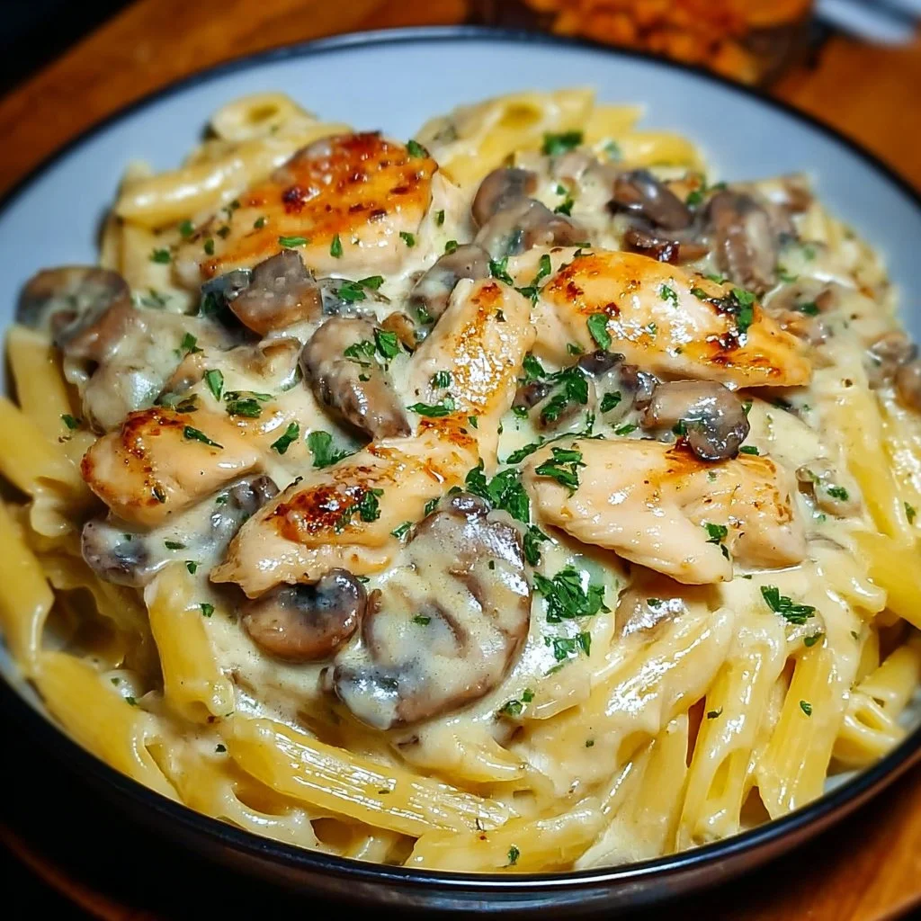Heavenly chicken mushroom pasta with a silky cream sauce on a white plate