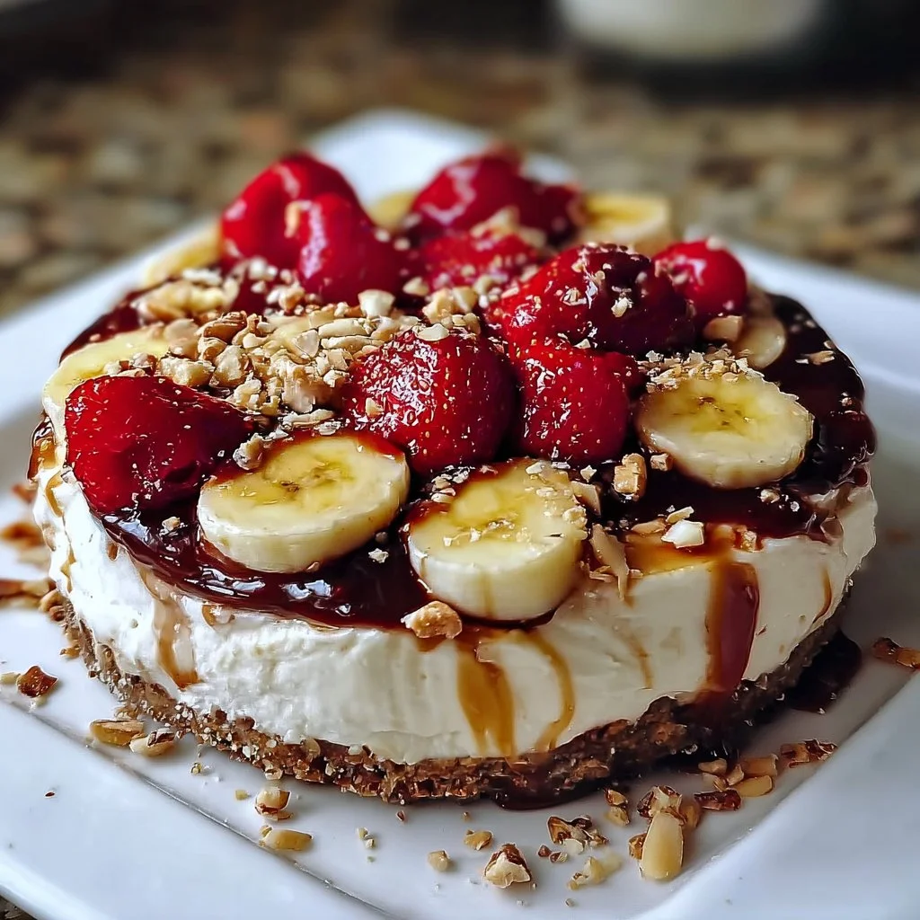 A slice of no-bake banana split cheesecake topped with bananas and whipped cream.
