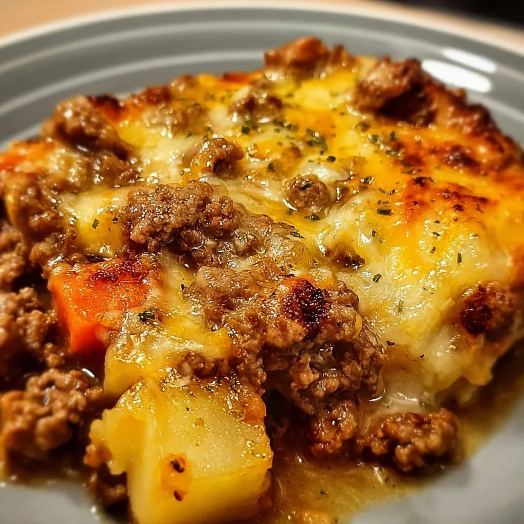 Delicious hobo casserole topped with ground beef and vegetables