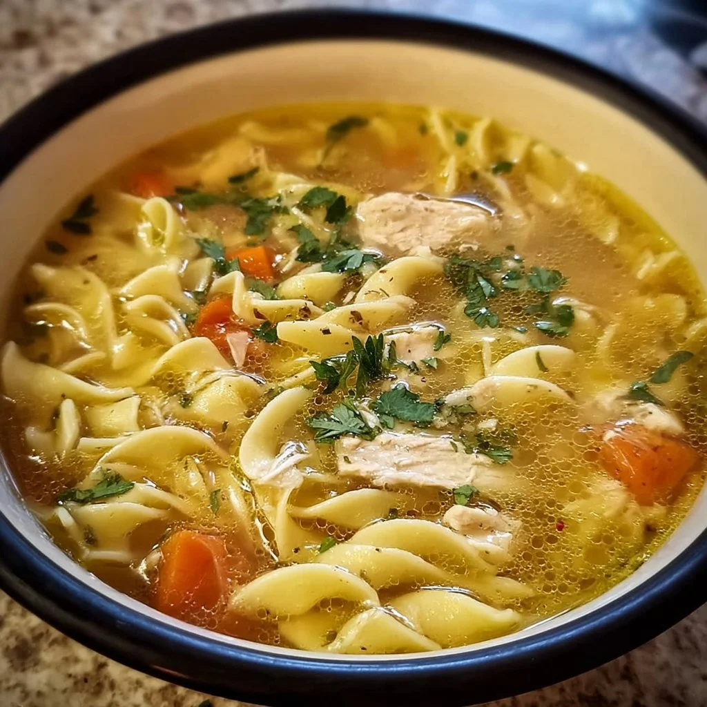 Bowl of homemade chicken noodle soup with fresh vegetables and herbs