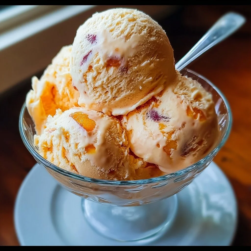 Bowl of creamy homemade peach ice cream topped with fresh peach slices