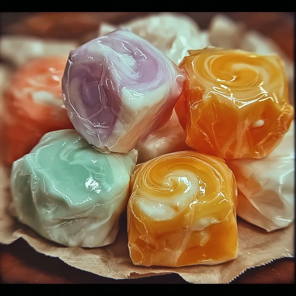 Homemade saltwater taffy rolls displayed on a festive background