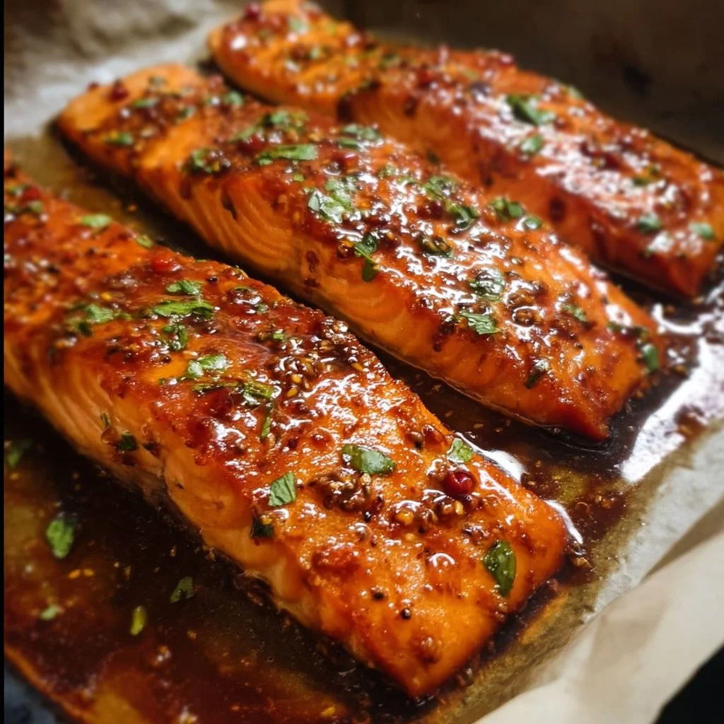 Honey Garlic Glazed Salmon served on a plate with green vegetables