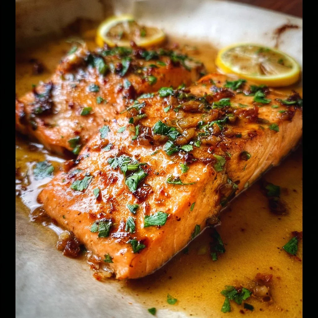 Plate of honey garlic salmon garnished with herbs on a rustic table.