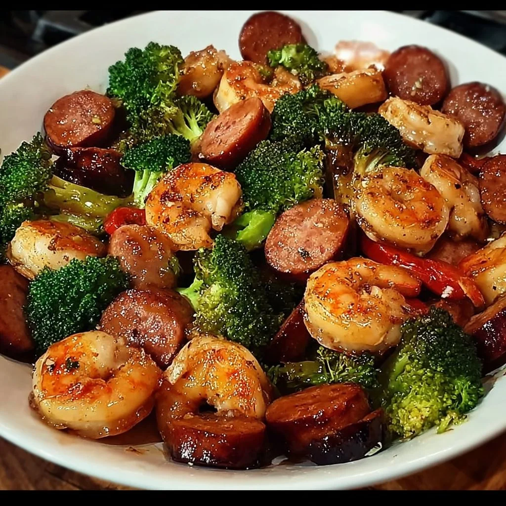 Honey-Glazed Shrimp served with sausage and broccoli in a colorful medley