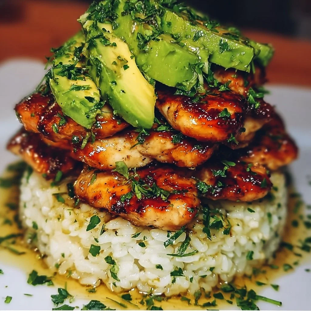 Delicious Honey Lime Chicken served with avocado rice stack on a plate