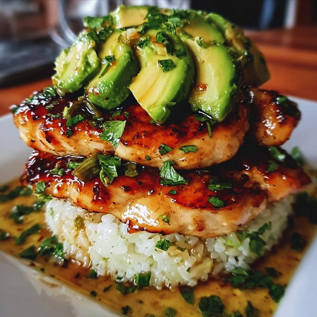 Honey Lime Chicken served over avocado rice stack