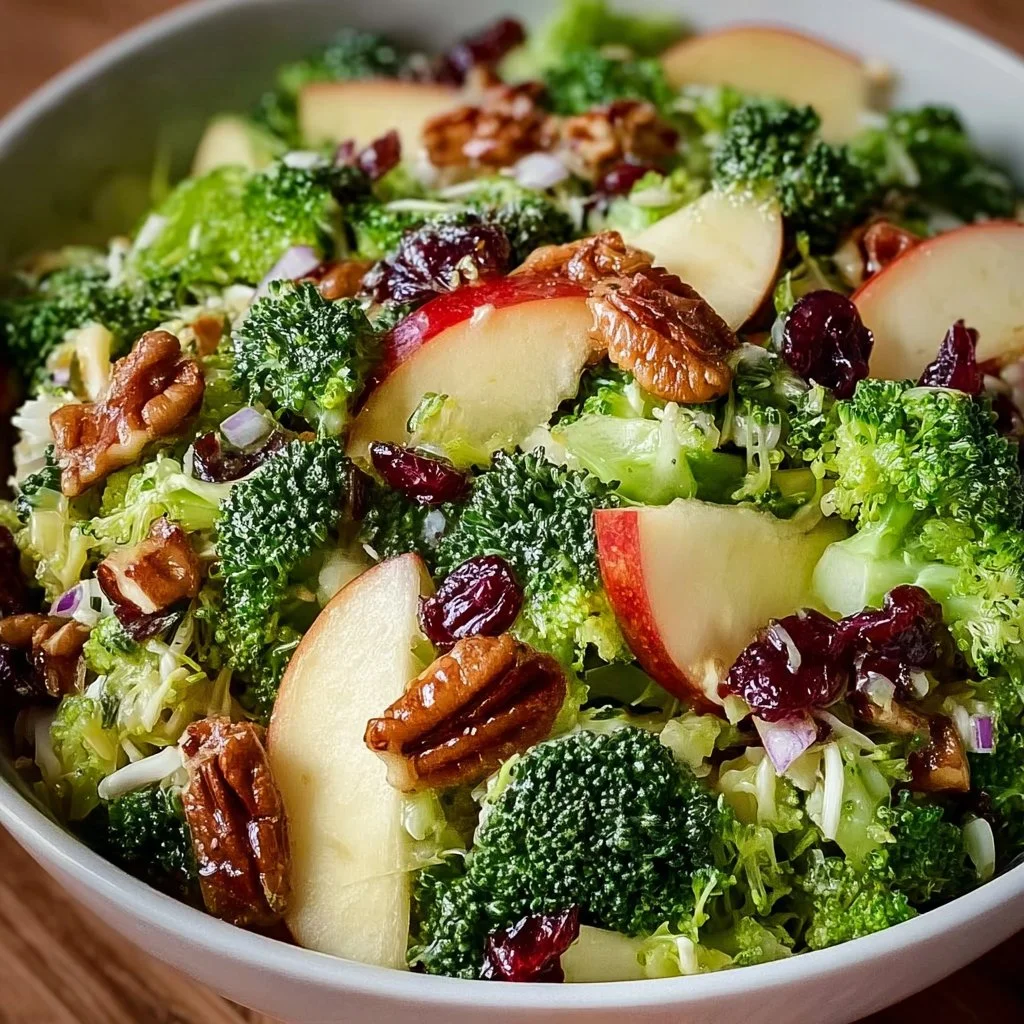 Vibrant Honeycrisp Apple Broccoli Salad with nuts and dressing in a bowl