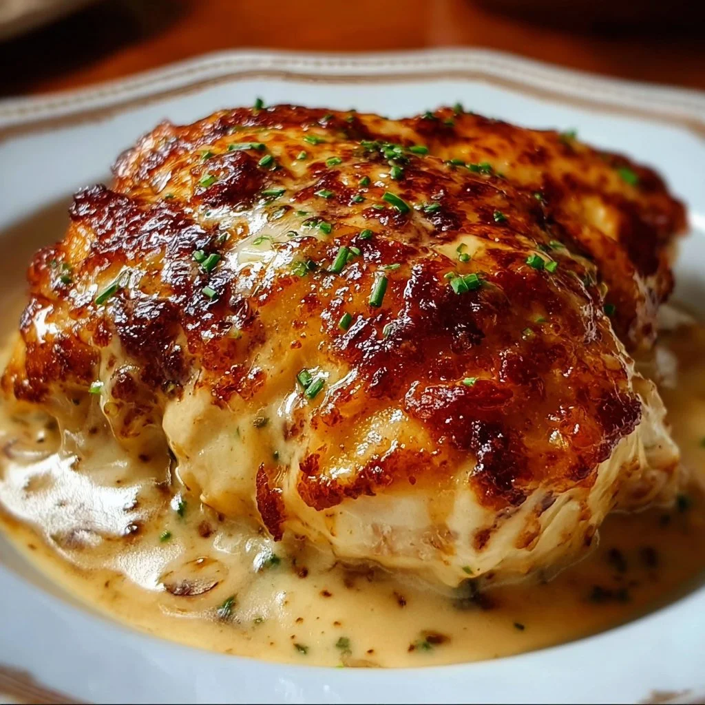Delicious million-dollar chicken plated elegantly with gourmet garnishes.