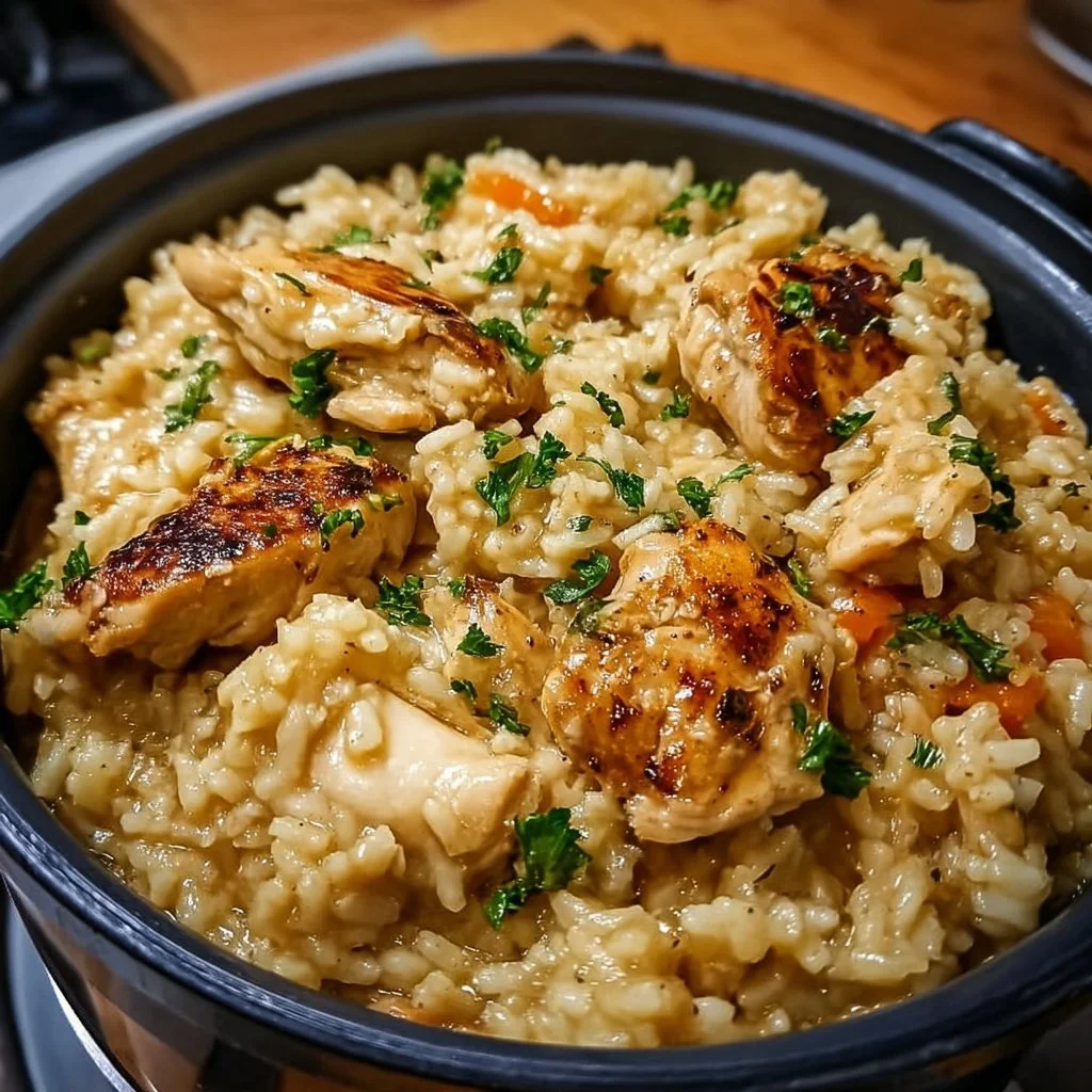 Instant Pot chicken and rice dish served in a bowl