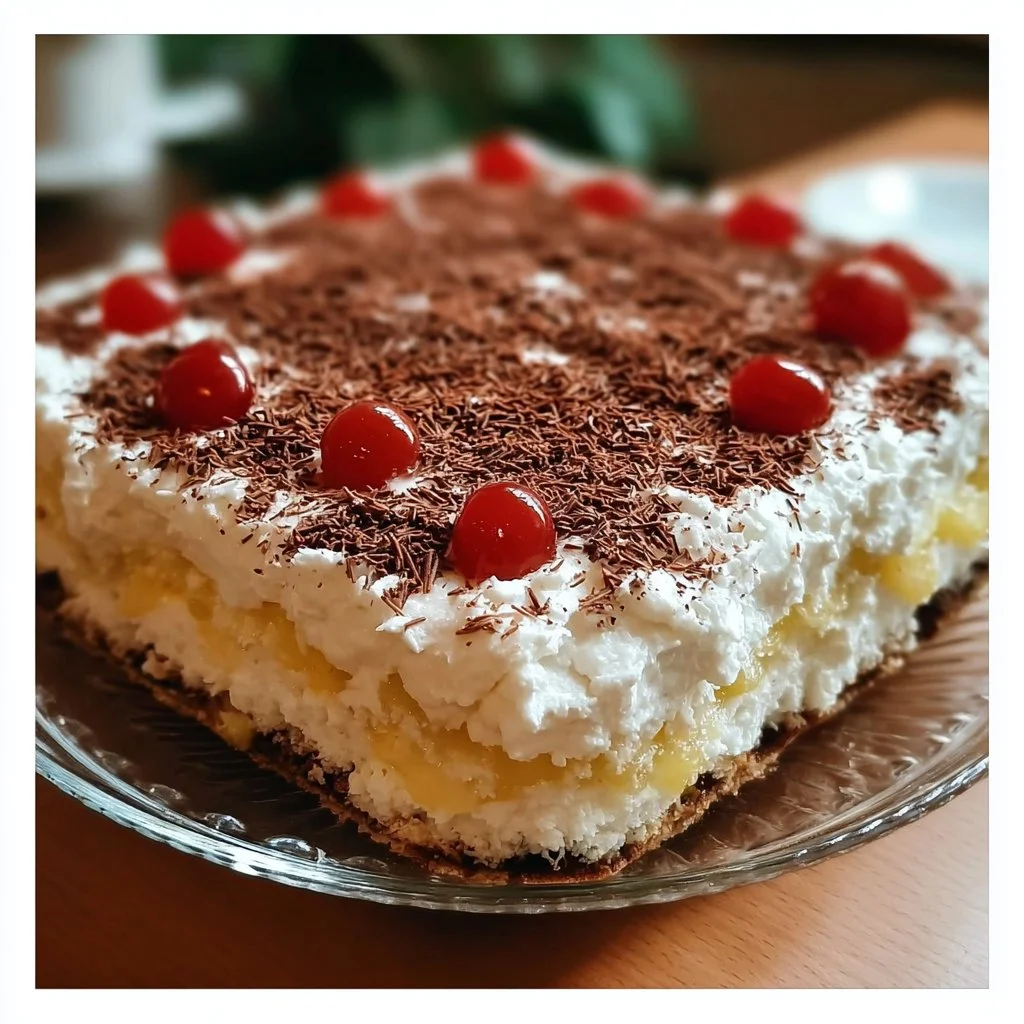 Delicious Italian No Bake Cake topped with fresh fruits and chocolate.