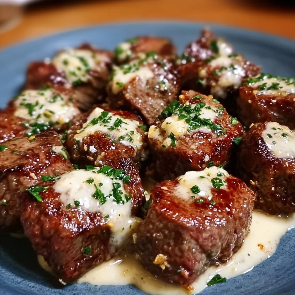 Juicy garlic butter steak bites with Parmesan cream sauce served in a skillet