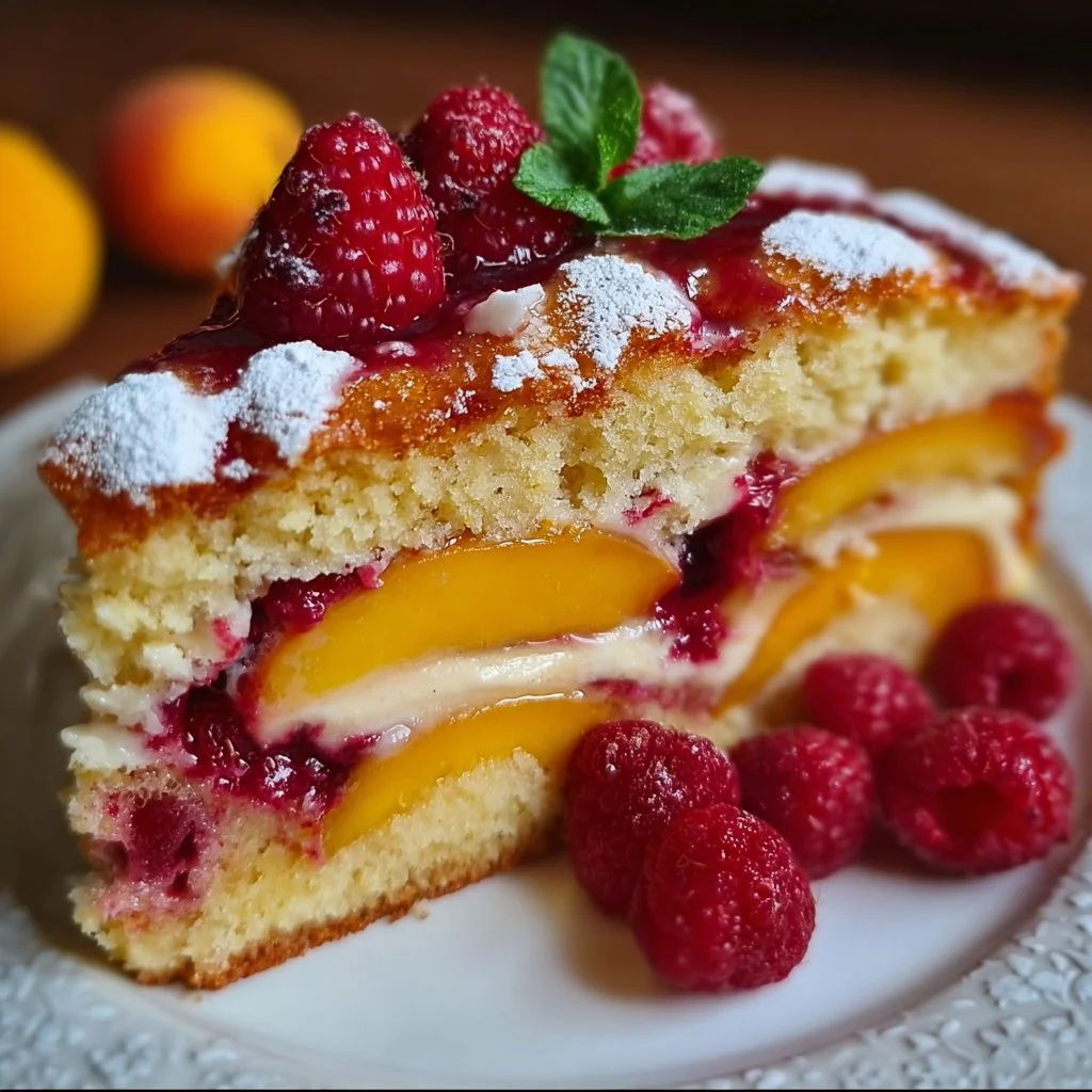 Delicious Peach Raspberry Cake topped with fresh peaches and raspberries