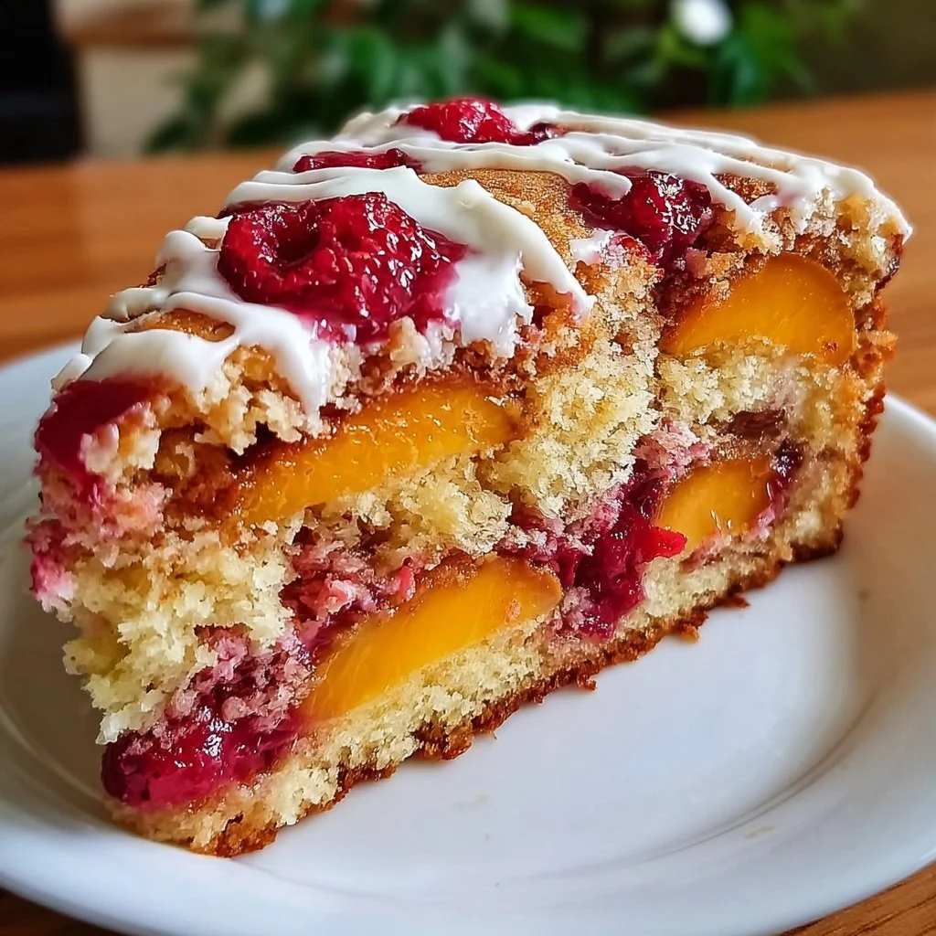 Delicious Peach Raspberry Cake with fresh peaches and raspberries