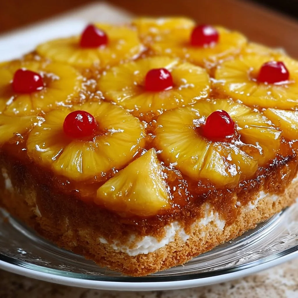 A slice of Juicy Pineapple Heaven Cake topped with fresh pineapple and cream