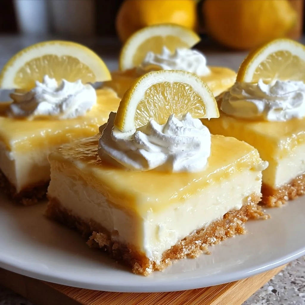 Lazy Day Lemon Cream Pie Bars topped with lemon zest and whipped cream
