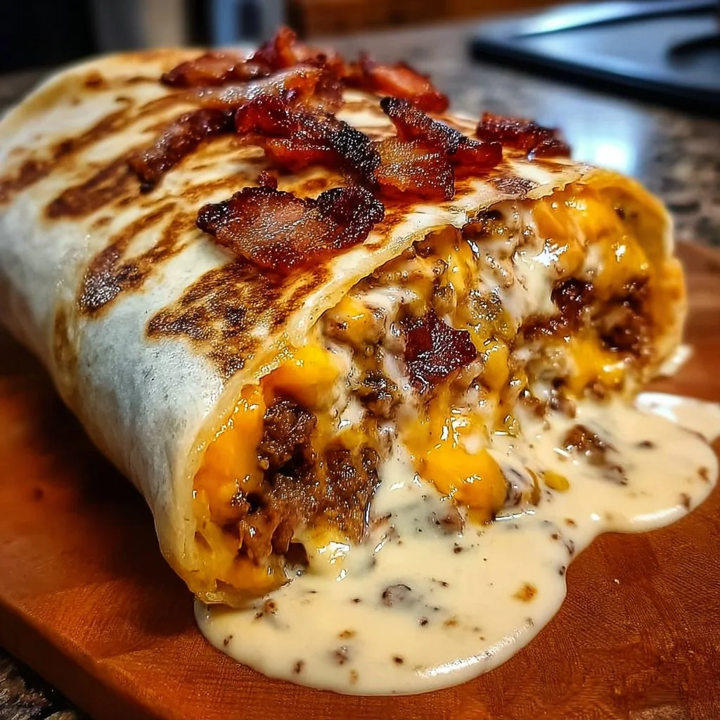 Loaded bacon cheeseburger burrito with creamy cheese drizzle