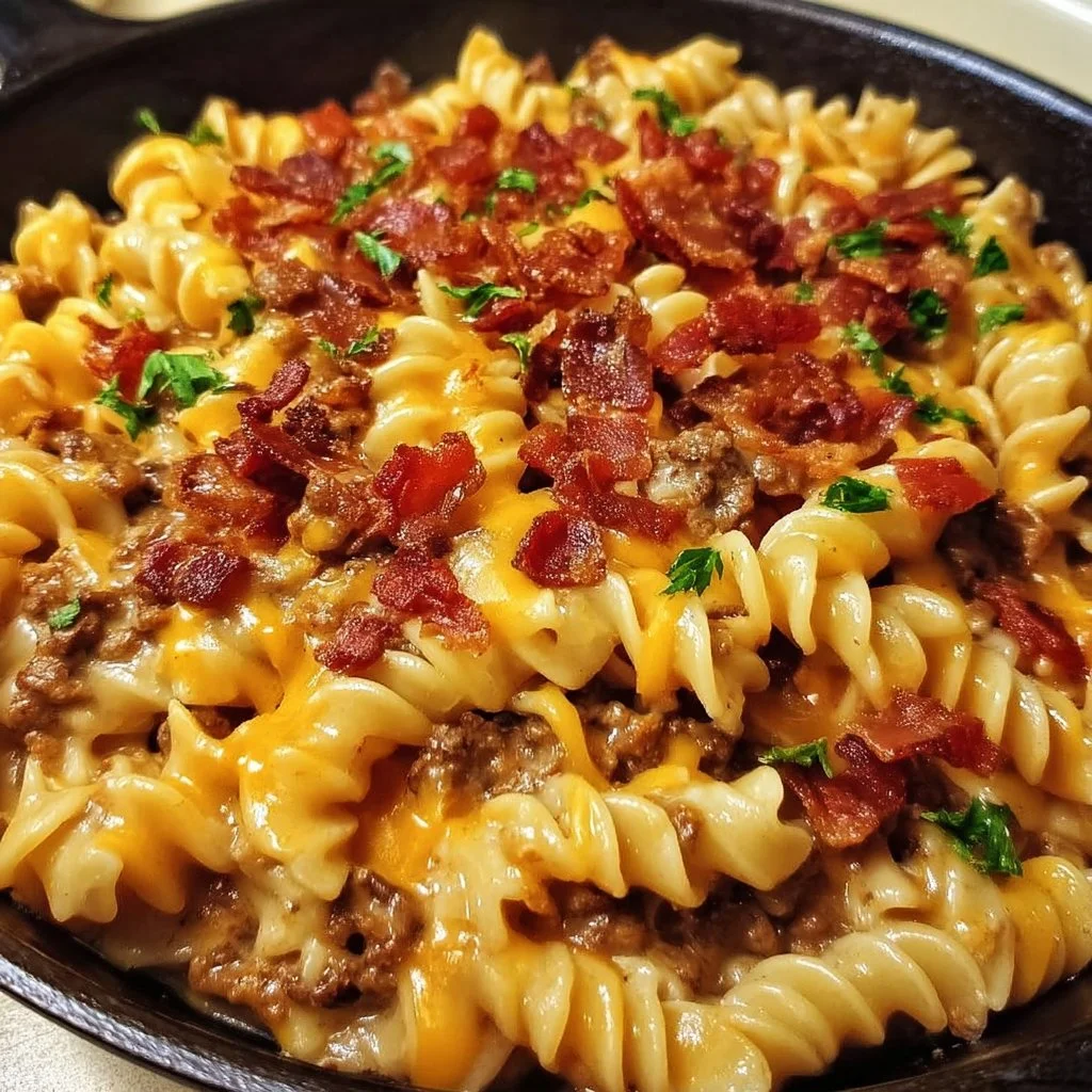 Loaded Bacon Cheeseburger Pasta Skillet topped with crispy bacon and cheese.