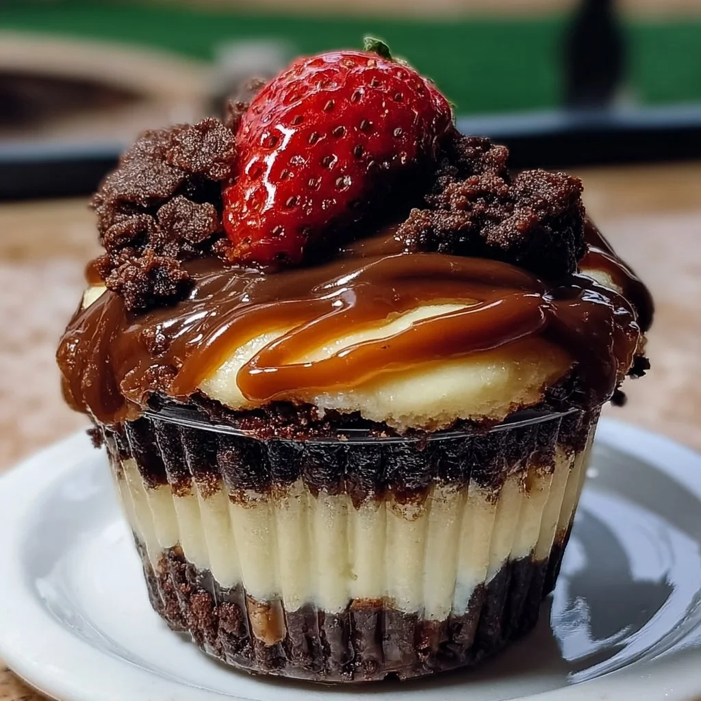Loaded Brownie Cheesecake Cup topped with chocolate drizzle and sprinkles